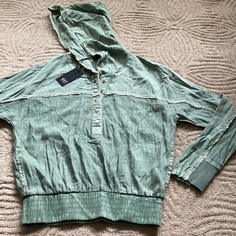 New! KUT S Sage Green Amelia Contrast Pullover Hoodie Ribbed Tattered - Picture 2 of 8